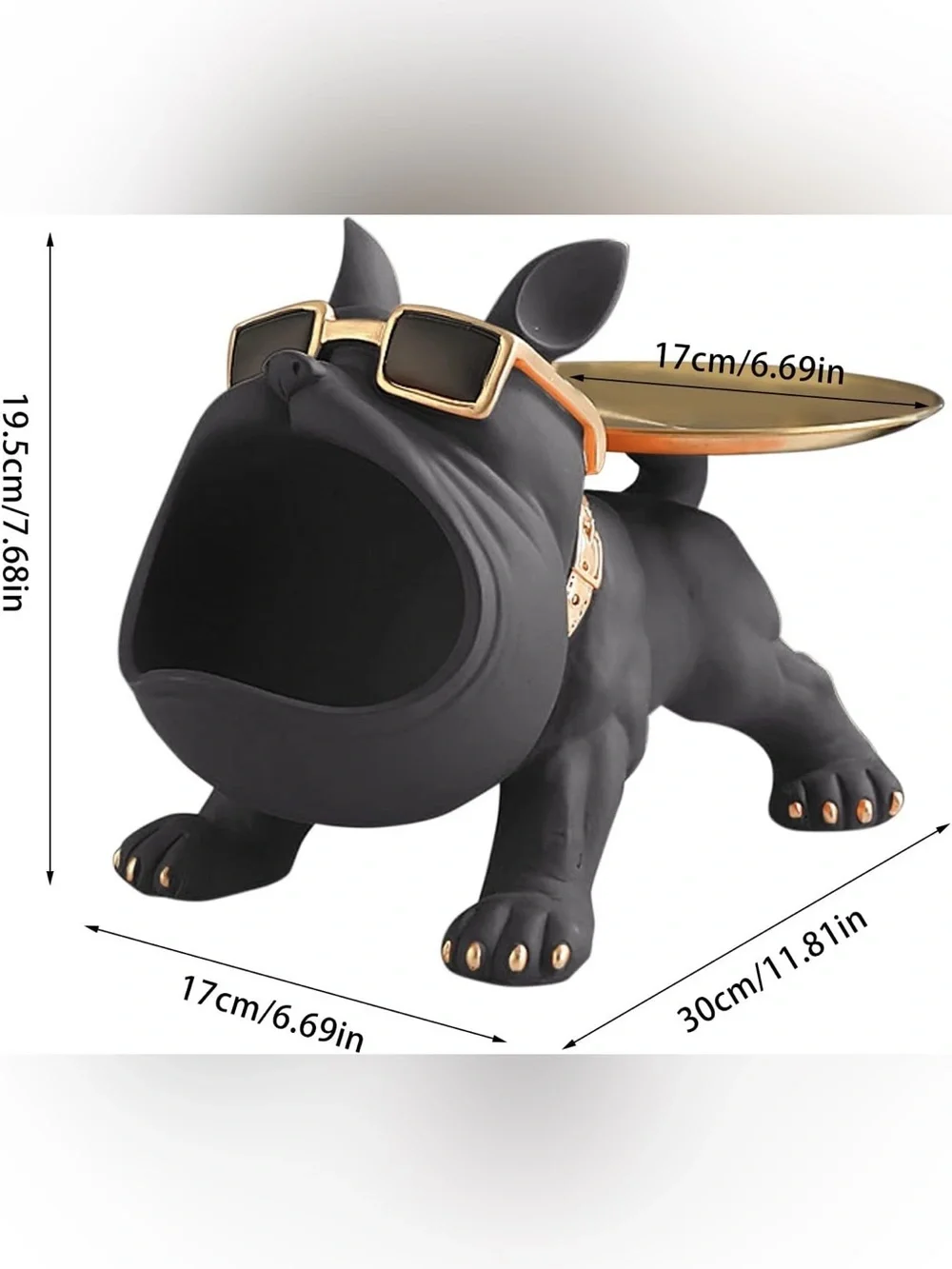 NWOT Black & Gold Resin Bulldog Statue with Accent Tray